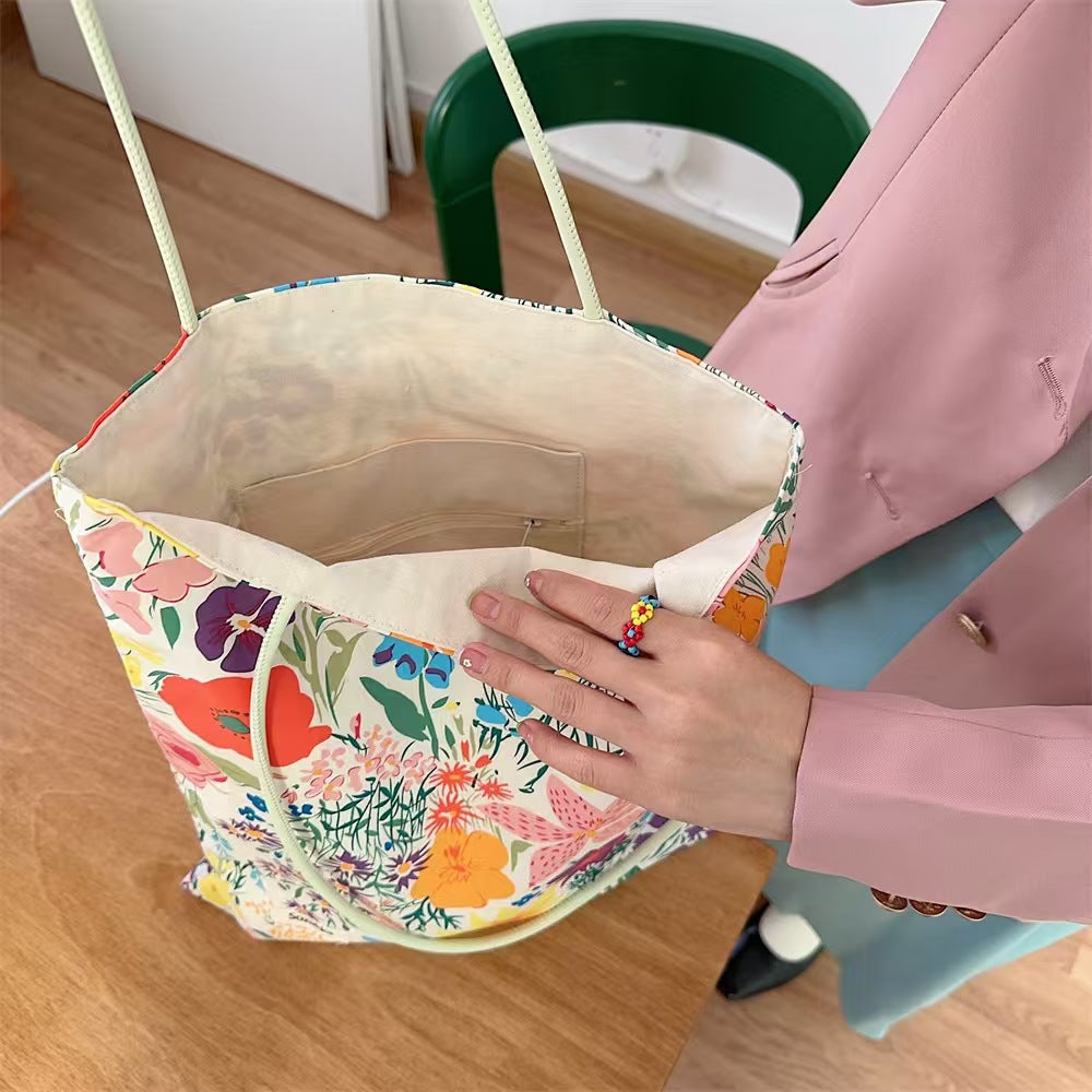 Korean style new flower canvas bag, student retro large-capacity play vacation handbag, shoulder bag